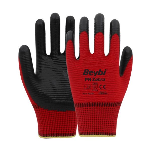 Beybi PN Zebra Nitril Kaplı Polyester İş Eldiveni No:10 XL Kırmızı Sİyah