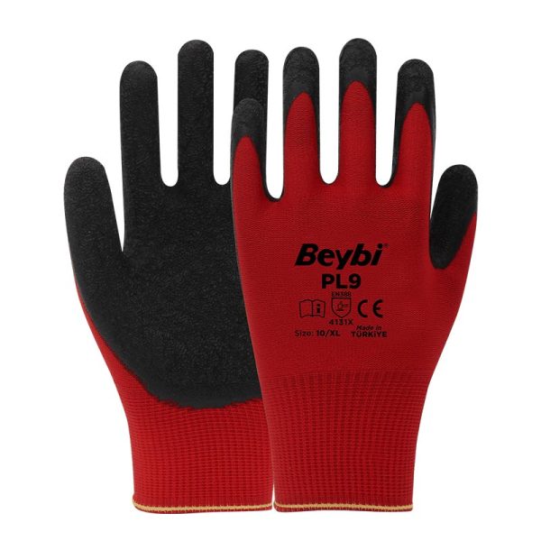 Beybi PL9 Lateks Kaplı Polyester Camcı İş Eldiveni No:10 XL Kırmızı Siyah
