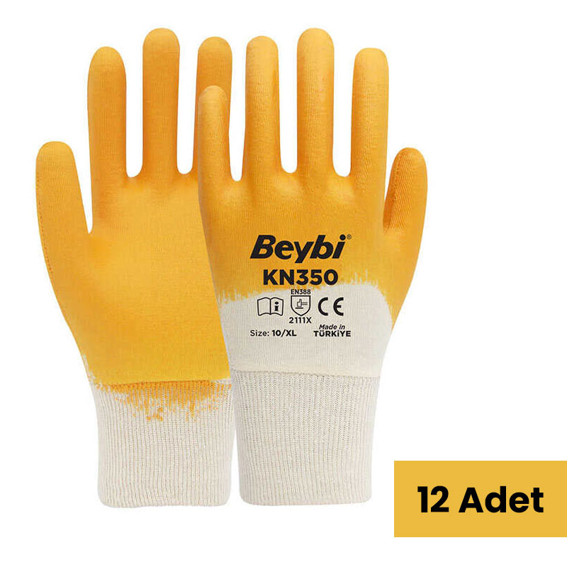 Beybi KN350 Nitril Kaplı Pamuk İş Eldiveni No:10 XL Sarı Beyaz