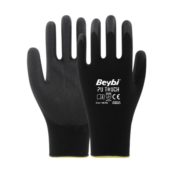 Beybi Pu Touch Poliüretan Kaplı Polyester İş Eldiveni No:10 Siyah