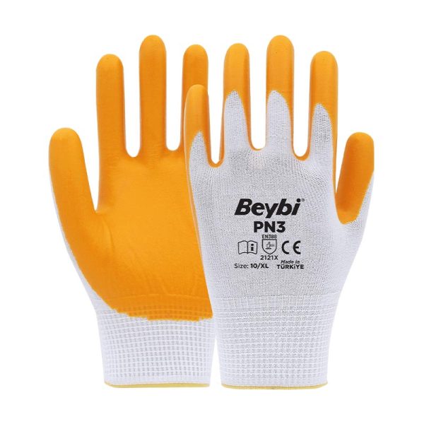 Beybi PN3 Nitril Kaplı Polyester İş Eldiven No:10 XL Sarı Beyaz