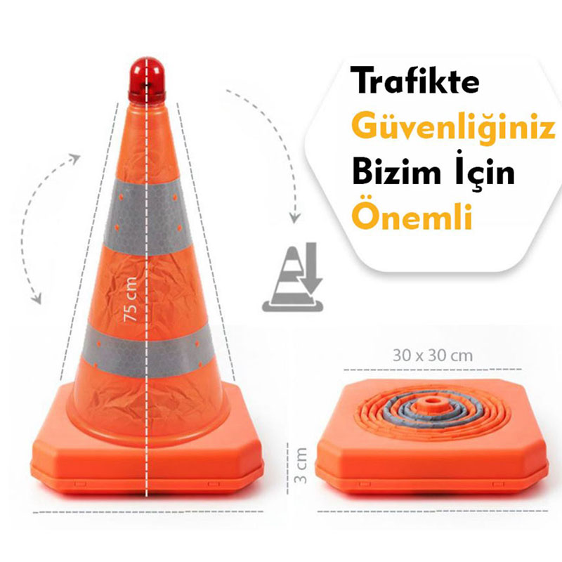 Katlanır Trafik Konisi Çift Reflektif 75 Cm Işıklı