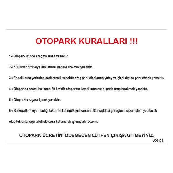 Otopark Kuralları Uyarı Levhası