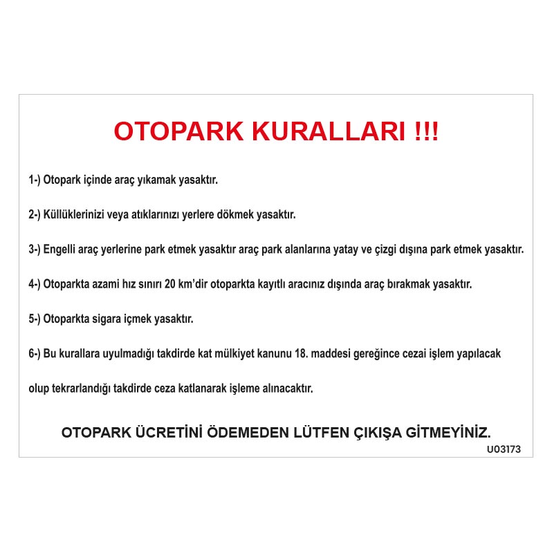 Otopark Kuralları Uyarı Levhası