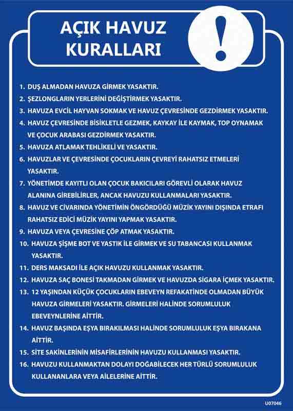 Açık Havuz Kuralları Uyarı Levhası