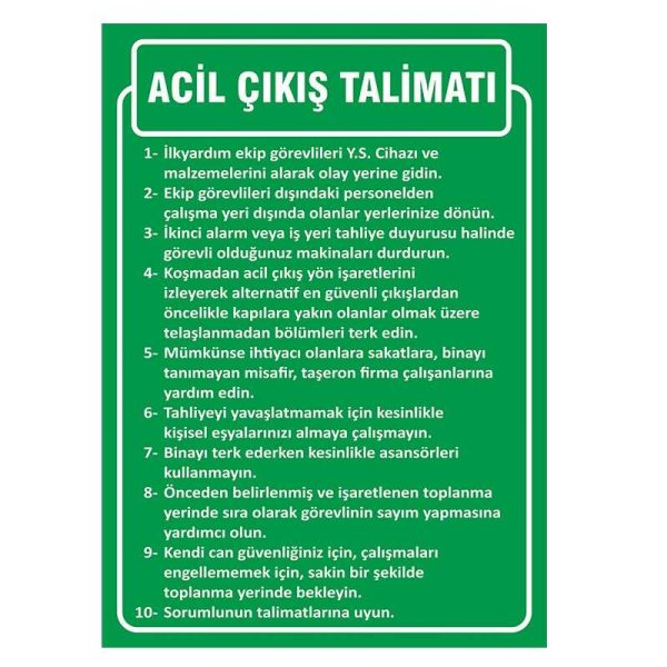 Acil Çıkış Talimatı Uyarı Levhası