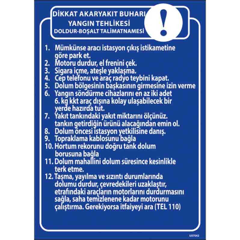 Akaryakıt Doldurma Boşaltma Talimatı Uyarı Levhası