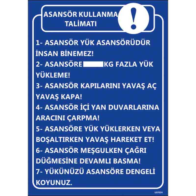 Asansör Kullanma Talimatı Uyarı Levhası