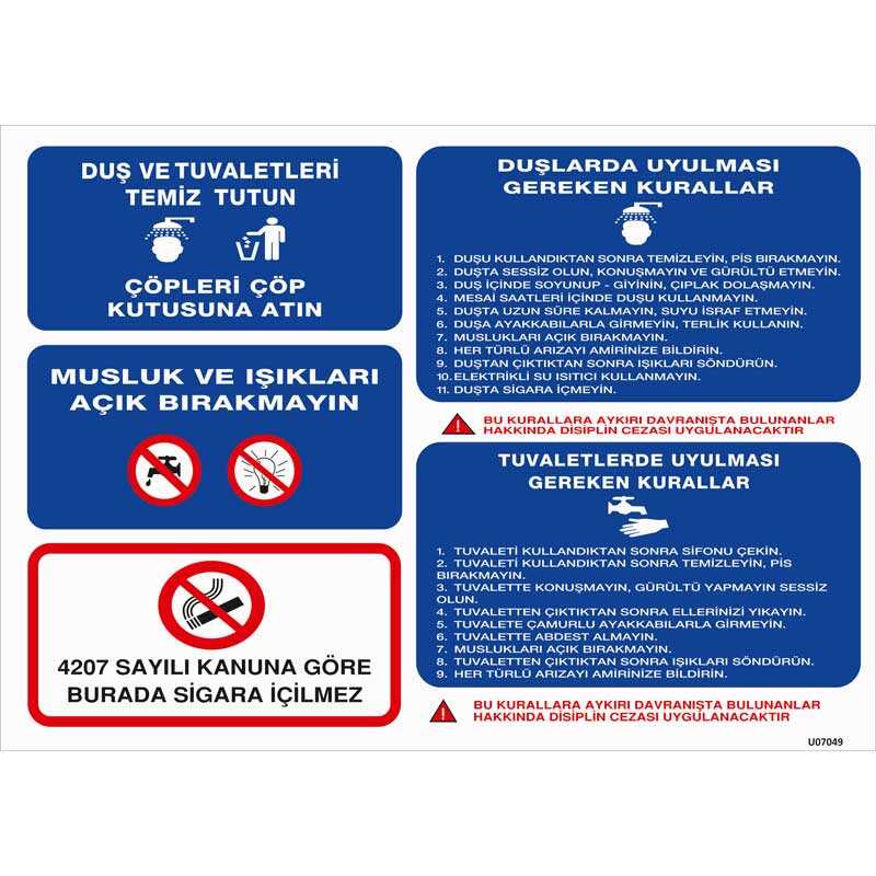 Duş ve Tuvalet Talimatı Uyarı Levhası
