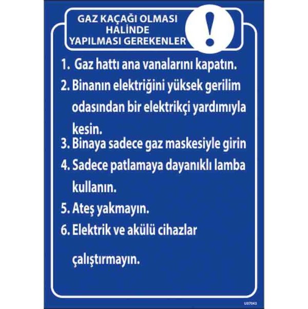 Gaz Kaçağı Talimatı Uyarı Levhası