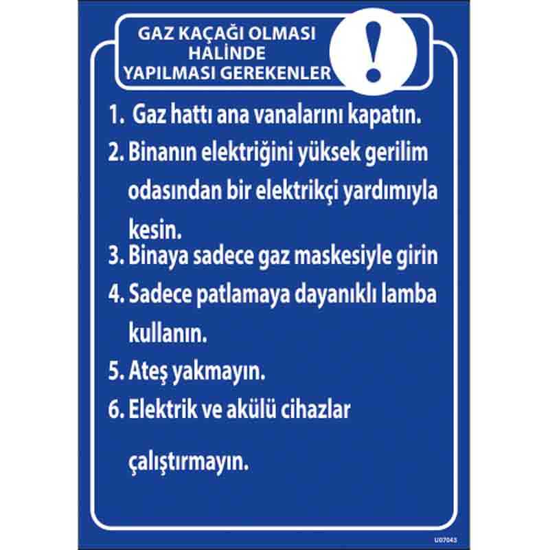 Gaz Kaçağı Talimatı Uyarı Levhası