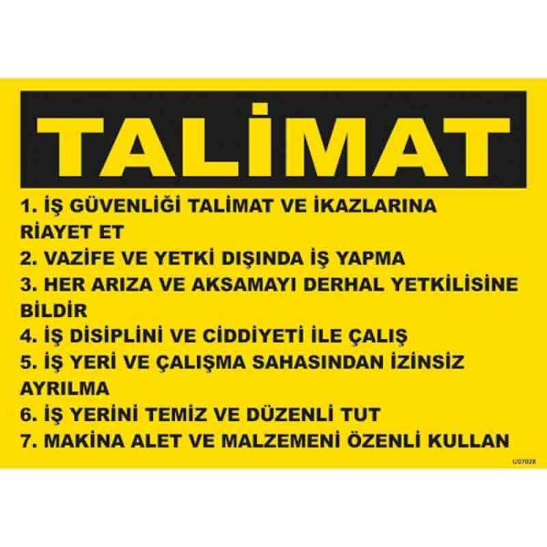 Genel İş yeri Talimatı Uyarı Levhası