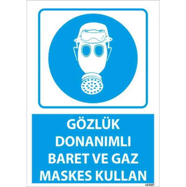 Gözlük Donanımlı Baret ve Gaz Maskesi Kullan Uyarı Levhası
