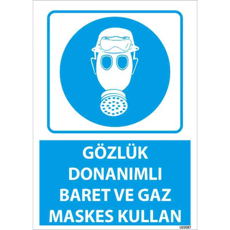 Gözlük Donanımlı Baret ve Gaz Maskesi Kullan Uyarı Levhası