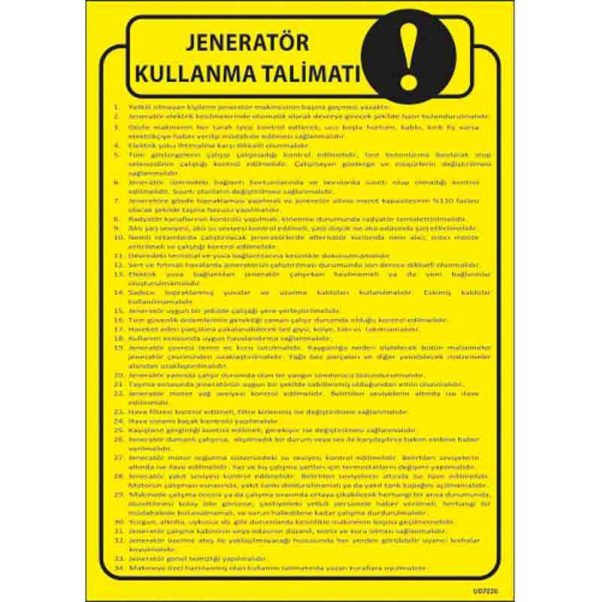 Jeneratör Kullanma Talimatı Uyarı Levhası