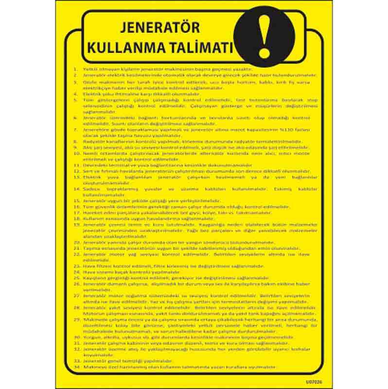 Jeneratör Kullanma Talimatı Uyarı Levhası