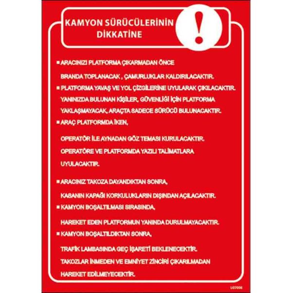 Kamyon Sürücüleri Talimatı Uyarı Levhası