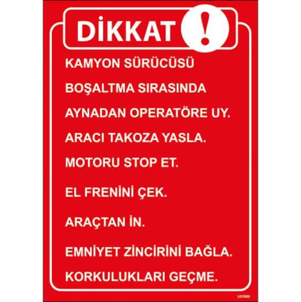 Kamyon Yük Boşaltma Talimatı Uyarı Levhası
