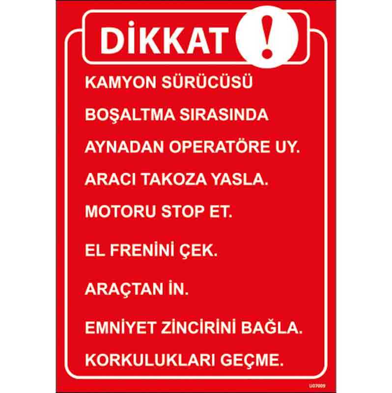 Kamyon Yük Boşaltma Talimatı Uyarı Levhası