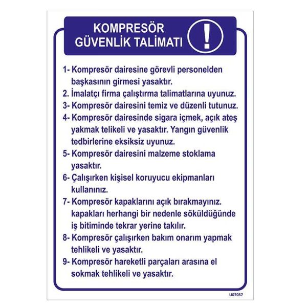 Kompresör Güvenlik Talimatı Uyarı Levhası