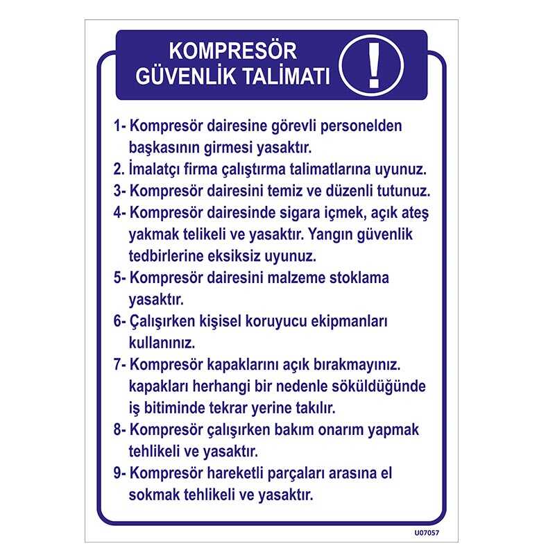 Kompresör Güvenlik Talimatı Uyarı Levhası