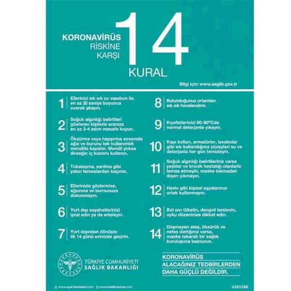 Koronavirüs Riskine Karşı 14 Kural Uyarı Levhası