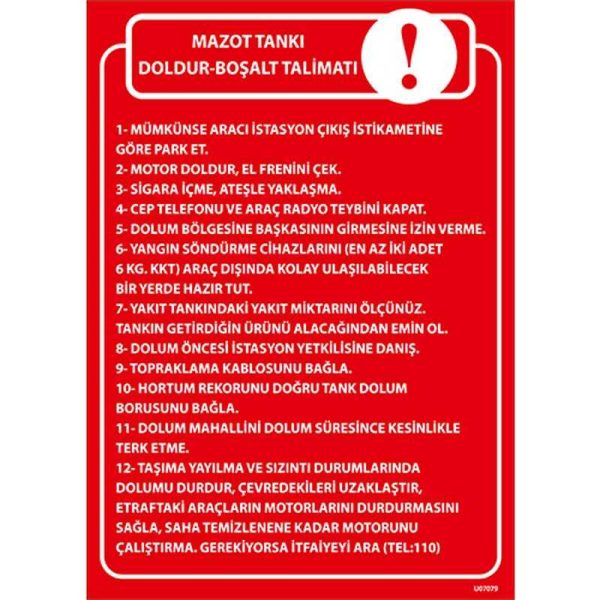 Mazot Tankı Doldur - Boşalt Talimatı Uyarı Levhası