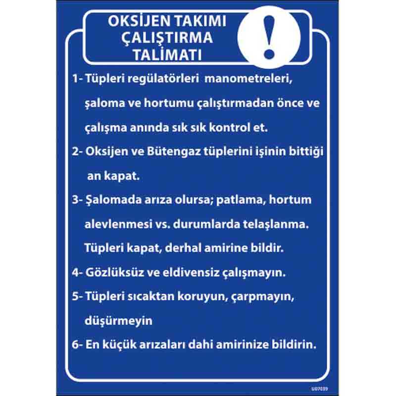 Oksijen Takımı Çalıştırma Talimatı Uyarı Levhası