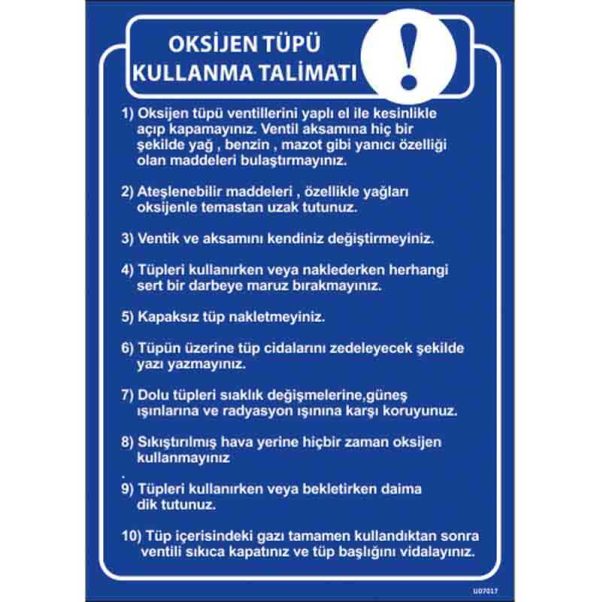 Oksijen Tüpü Kullanma Talimatı Uyarı Levhası