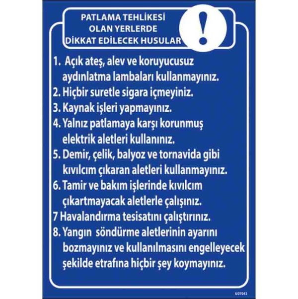 Patlama Tehlikesi Talimatı Uyarı Levhası