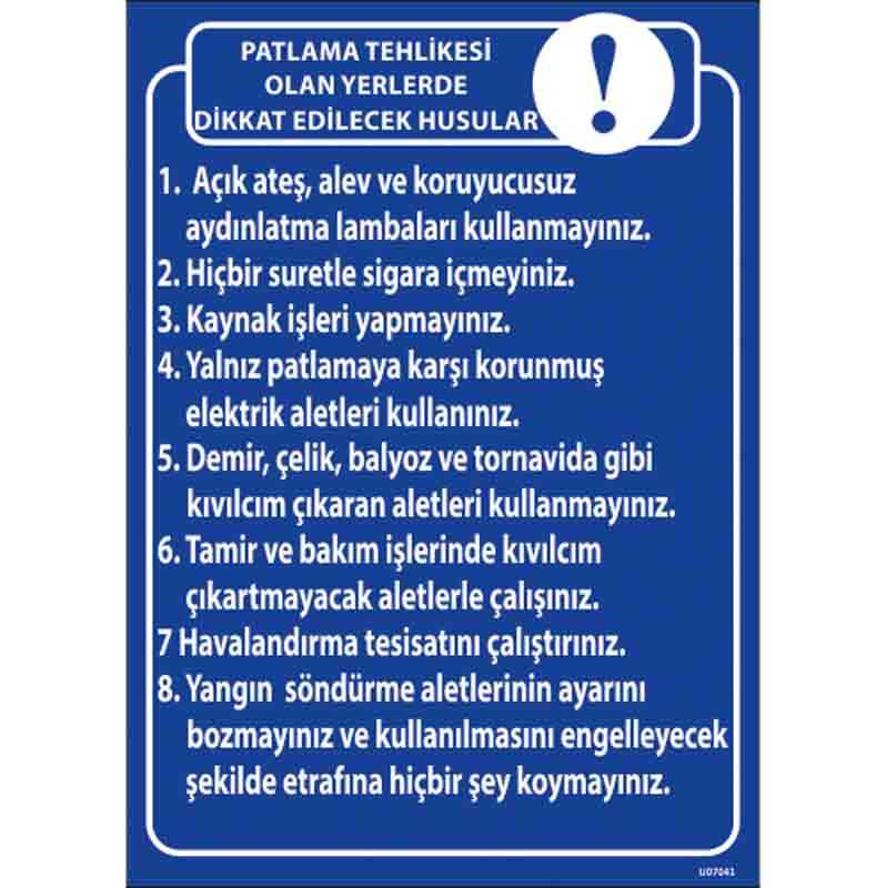 Patlama Tehlikesi Talimatı Uyarı Levhası