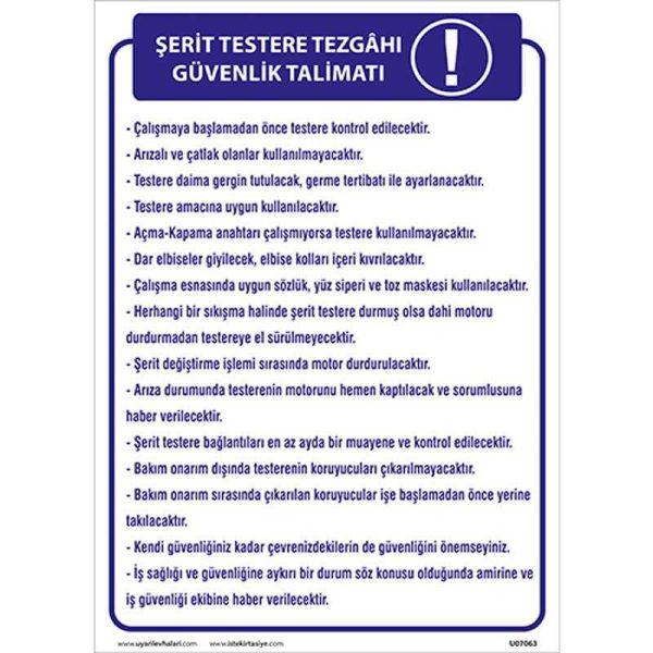 Şerit Testere Tezgahı Güvenlik Talimatı Uyarı Levhası