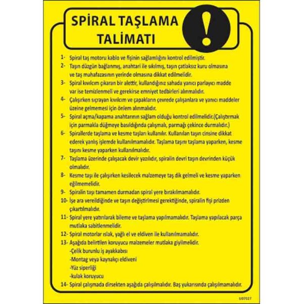 Spiral Taşlama Talimatı Uyarı Levhası
