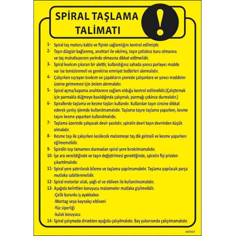 Spiral Taşlama Talimatı Uyarı Levhası