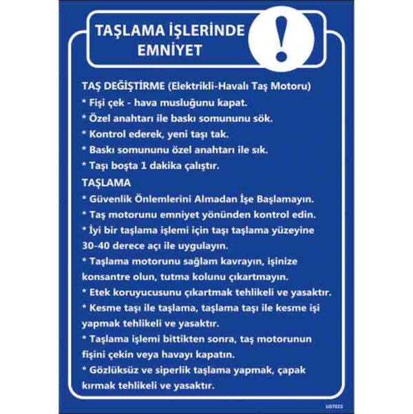 Taşlama İşi Talimatı Uyarı Levhası