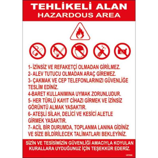 Tehlikeli Alan Talimatı Uyarı Levhası