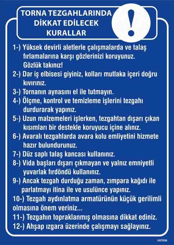 Torna Tezgahı Kullanım Talimatı Uyarı Levhası