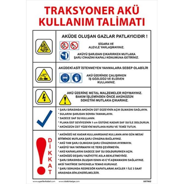 Traksyoner Akü Kullanım Talimatı Uyarı Levhası