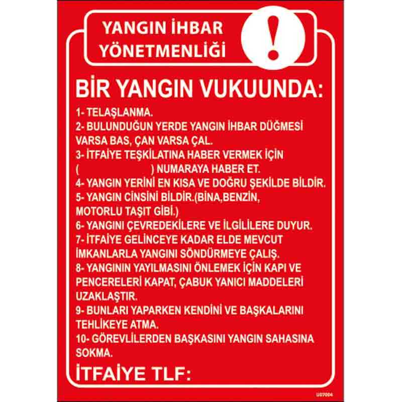 Yangın İhbar Yönetmeliği Talimatı Uyarı Levhası