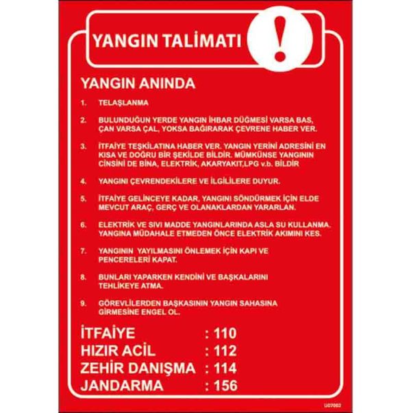 Yangın Talimatı Uyarı Levhası