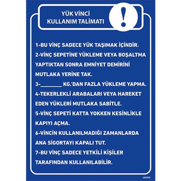 Yük Vinci Kullanma Talimatı Uyarı Levhası