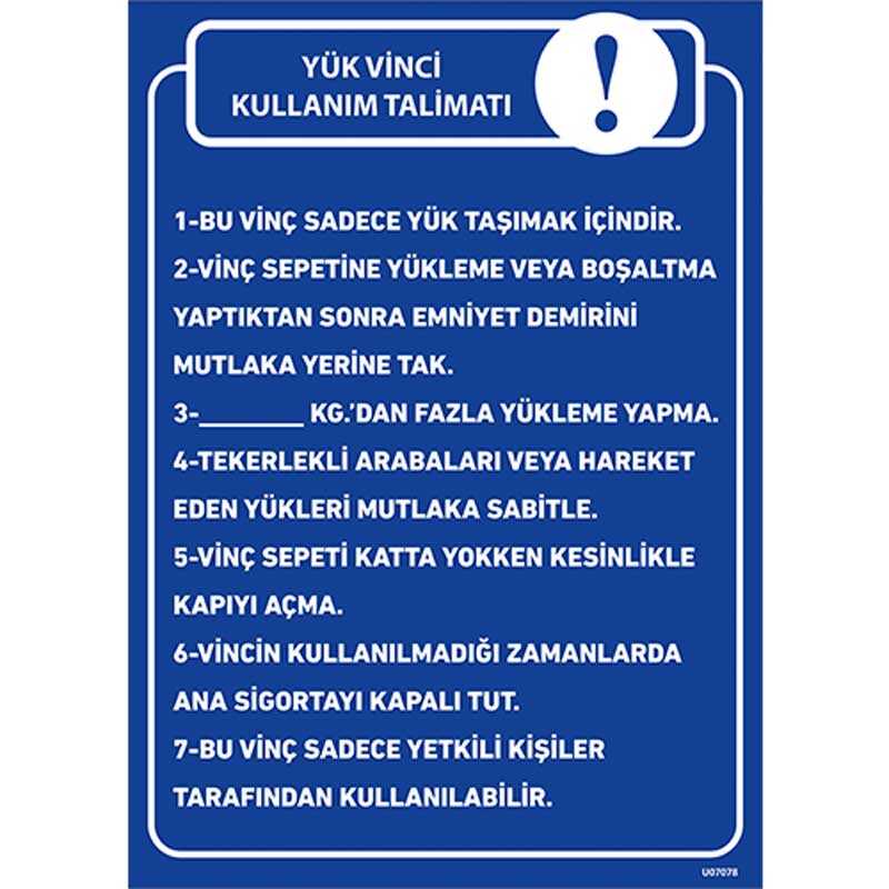 Yük Vinci Kullanma Talimatı Uyarı Levhası